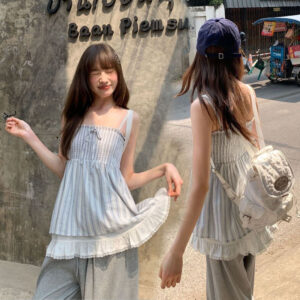 Dahong 💖 W675 สไตล์ใหม่ เสื้อกล้ามลายทางสาวอวบ เสื้อยืดโบว์ลูกไม้สไตล์ฝรั่งเศสผู้หญิง แต่งลูกเล่นด้านหน้าและมีเชือกผูก Dahong 💖 W675 สไตล์ใหม่ เสื้อกล้ามลายทางสาวอวบ เสื้อยืดโบว์ลูกไม้สไตล์ฝรั่งเศสผู้หญิง แต่งลูกเล่นด้านหน้าและมีเชือกผูก