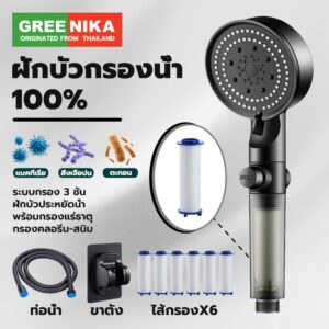GREENIKA ชุดฝักบัวอาบน้ำกรองน้ำ ฝักบัวแรงดันสูง ปรับแรงดันน้ำได้ ประหยัดน้ำ ป้องกันตะกรัน ไส้กรองสำรอง+สายยาง1.5m+วงเล็บ