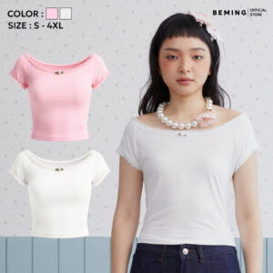 Bemingtop1263(S-4XL) – Trim Tee – เสื้อปาดไหล่แขนสั้นดีเทลแต่งลูกไม้และดอกกุหลาบที่อก